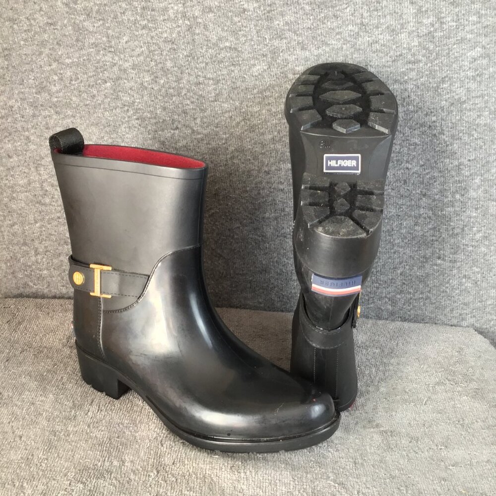 Tommy Hilfiger Women's Black Wet‎ Weather Boots Sz 8M